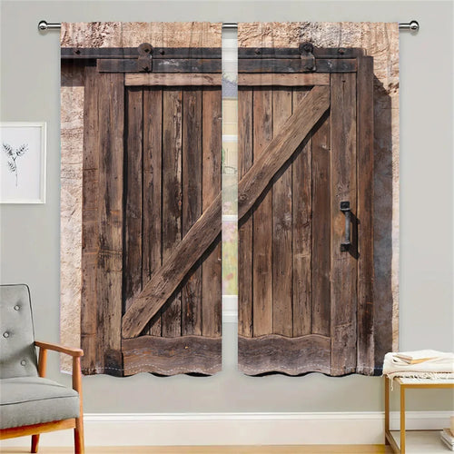 2 Stück Vintage Scheunentor Vorhänge Rustikales Holzmaserung Druck Raffrollos Wohnzimmer Schlafzimmer Deko Vorhänge im Landhausstil