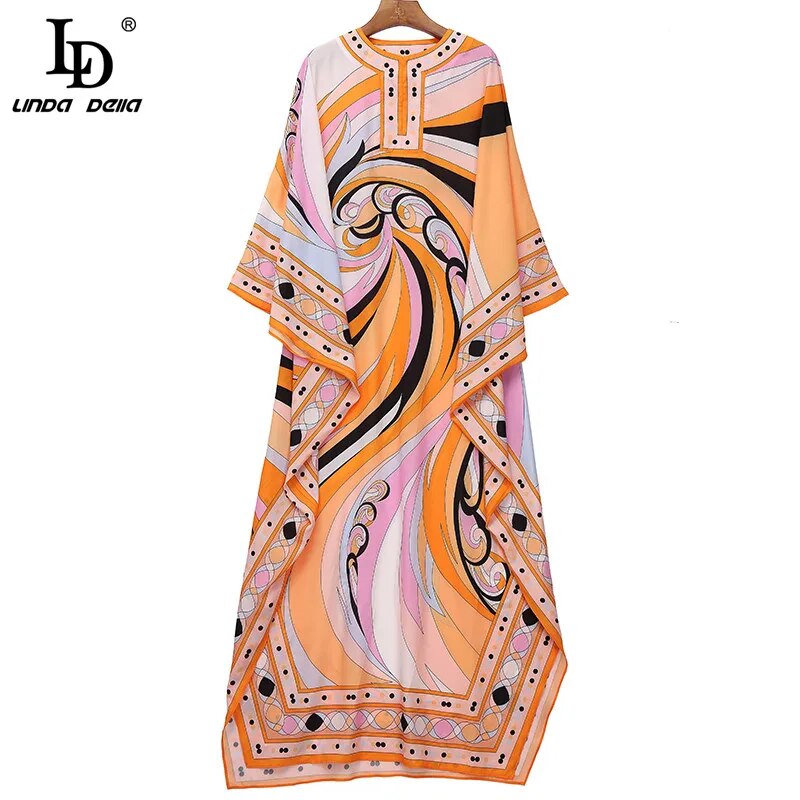 LD LINDA DELLA Fashion Runway Summer Maxi Dress Women Batwing Sleeve Printing Vintage Elegant Chiffon Loose Long Dress robe
