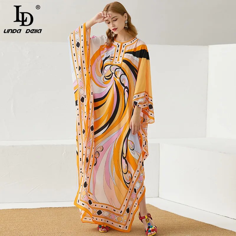 LD LINDA DELLA Fashion Runway Summer Maxi Dress Women Batwing Sleeve Printing Vintage Elegant Chiffon Loose Long Dress robe