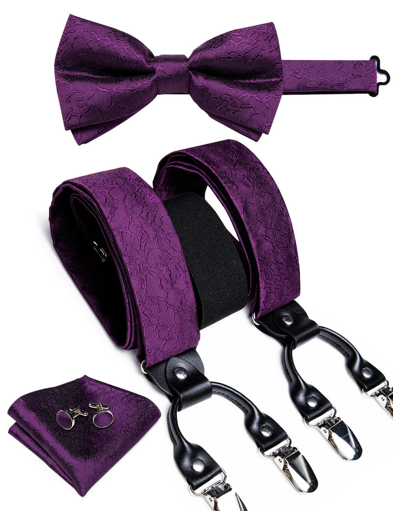 DiBanGu Mens Adjustable Silk Suspenders Bow Tie Cufflinks Pocket Square Set Metal Clips Y back Elastic Braces Wide Strap 3.5CM