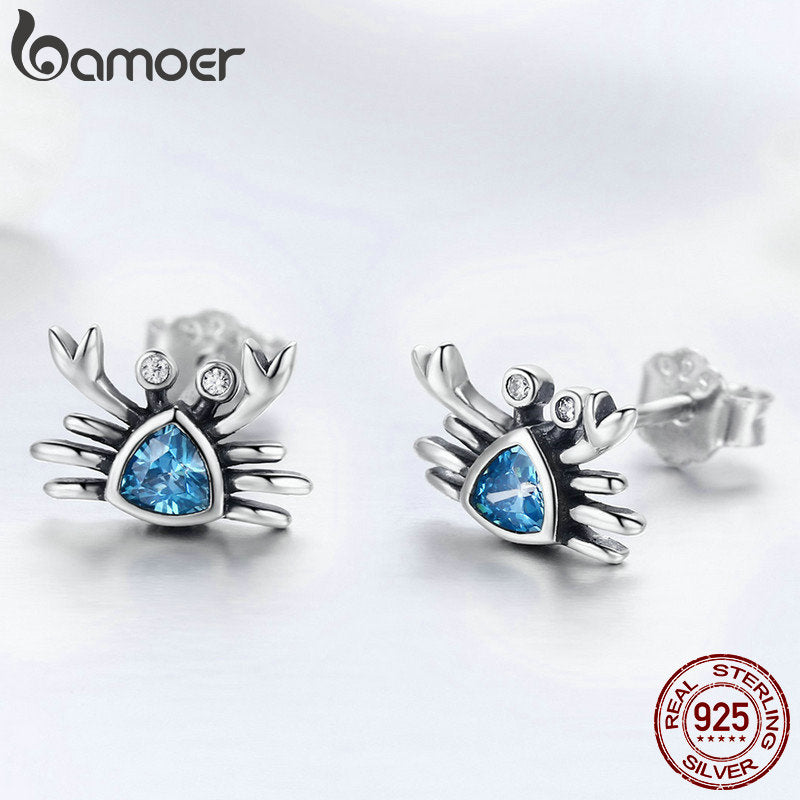 BAMOER 100% 925 Sterling Silver Cute Ocean Crab Small Blue CZ Stud Earrings for Women Fashion Earrings Jewelry Gift S925 SCE413
