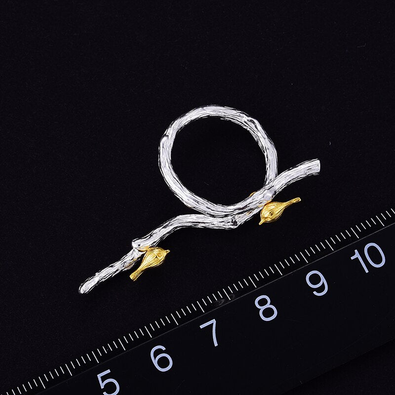 Lotus Fun Real 925 Sterling Silver Original Handmade Fine Jewelry Adjustable Ring 18K Gold Bird on Branch Rings for Women Bijoux
