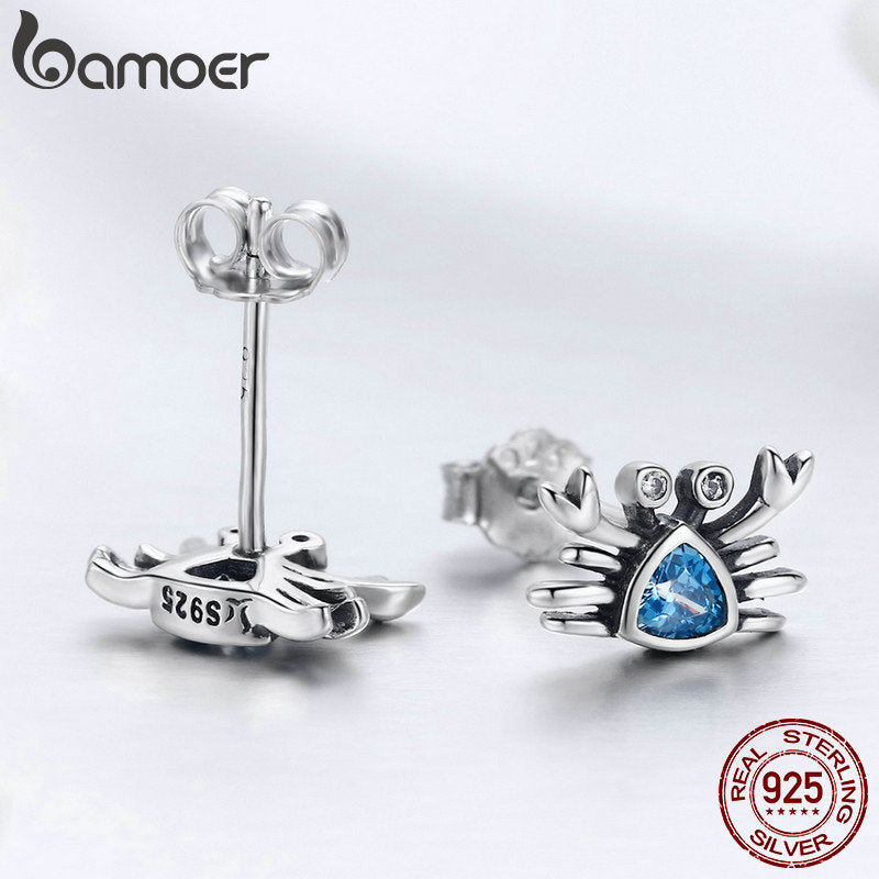 BAMOER 100% 925 Sterling Silver Cute Ocean Crab Small Blue CZ Stud Earrings for Women Fashion Earrings Jewelry Gift S925 SCE413