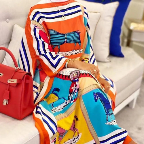 Afrika Modeblogger Empfehlen Beliebte bedruckte Seiden-Kaftan Maxikleider Lockere Sommer Strand Bohemian Kaftan lange Kleider für Damen