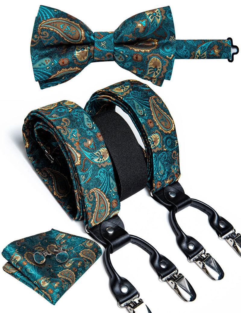 DiBanGu Mens Adjustable Silk Suspenders Bow Tie Cufflinks Pocket Square Set Metal Clips Y back Elastic Braces Wide Strap 3.5CM