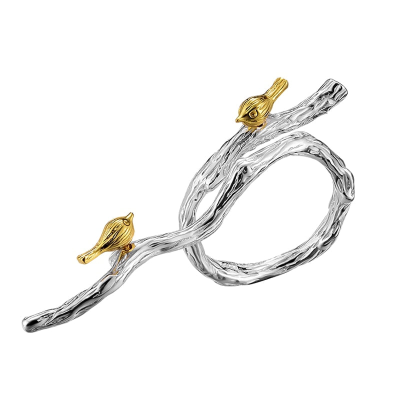 Lotus Fun Real 925 Sterling Silver Original Handmade Fine Jewelry Adjustable Ring 18K Gold Bird on Branch Rings for Women Bijoux