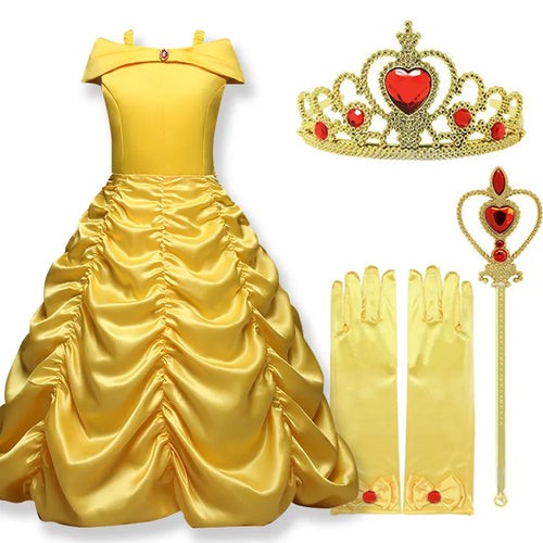 2021 Cosplay Belle Prinzessin Kleid Mädchen Kleider für Die Schöne und das Biest Kinder Party Kleidung Zauberstab Krone Kinderkostüm