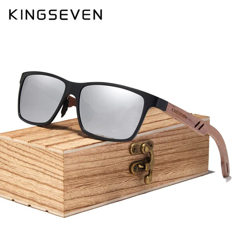 KINGSEVEN Holz-Aluminium-Sonnenbrille Hochwertige Vollrahmen-Herren-UV400-Polarisierte Brille Spiegelglas Sport-Augenschutzbrille