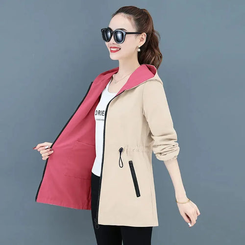 Neue Herbst-Damenjacke, doppelseitiger Windbreaker, weibliche Langarmjacken, Kapuzen-Freizeit-Basismantel, lockere Oberbekleidung 4XL