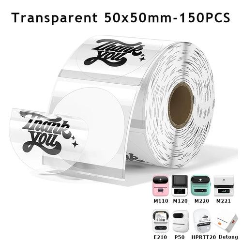 Transparent Round label 50x50mm/150pcs Thermal Adhesive Label Roll,suit for phomemo M110/M200/M120/M220 E210 P50 DETONG P1