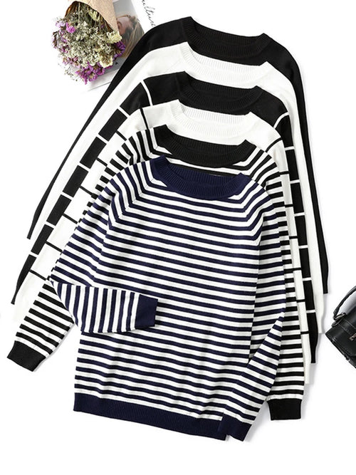 2022 Herbst Winter Langarm Gestreifter Pullover Damen Pullover Strickpullover Rundhals-Oberteile Koreanischer Pulli Damen Jumper Weiblich Weiß