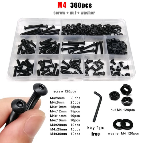 M1.6 M2 M2.5 M3 M4 M5 M6 M8 Schwarz Güte 10.9 Stahl Inbus Sechskant Innensechskant Knopf Rundkopfschraube Bolzen Mutter Unterlegscheibe Kit Set Box