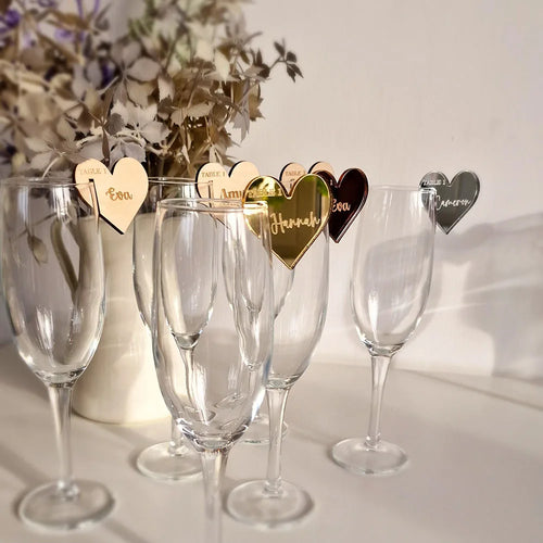 20/50/100 Stück personalisierte Weinanhänger Hochzeitsdeko Acryl Herz Getränke Topper Glasmarker Wein Tags Gold Spiegel Cocktail Anhänger