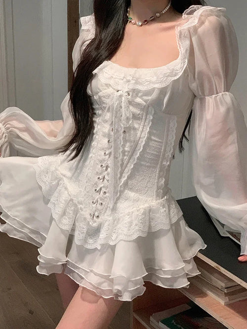 Weißes französisches elegantes Abendkleid Damen lässig sexy Spitze Puffärmel kurzes Kleid Sommer koreanisches Y2k süßes Minikleid Chic