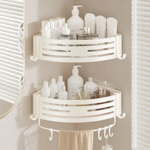 Weiße Badregale mit Handtuchhalter und Haken, Shampoo Make-up Aufbewahrung, selbstklebende, wandmontierte Duschablage für die Ecke