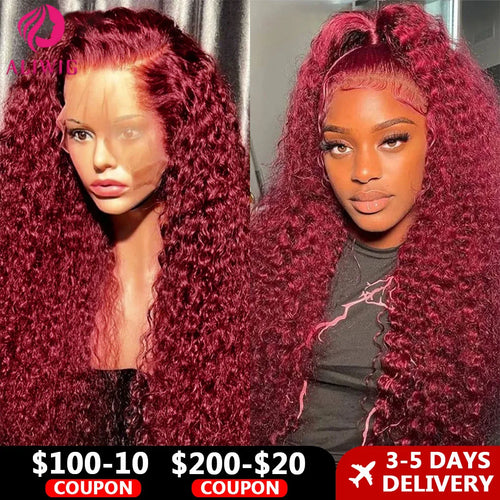 99J Burgund Glueless Lockige Echthaarperücken für Frauen 13x4 HD Lace Deep Wave Frontal Perücke Weinrot Gefärbte Lockige Lace Front Perücken
