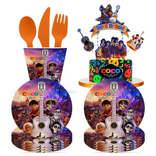 Coco Thema Pappbecher Tasche Teller Tischdecke Strohhalm Tröte Ballon Banner Tortenaufsatz Karte Show Party Dekoration Zubehör Gastgeschenk