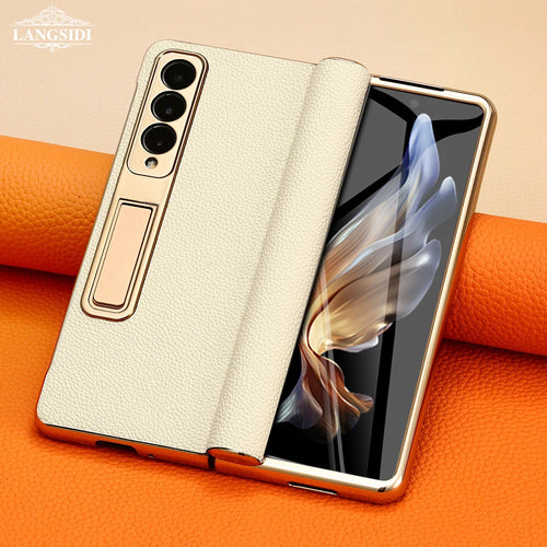 Leder-Handyhülle für Samsung Galaxy Z Fold 5 4 3 Fold4 Fold5 mit Goldbeschichtung, magnetischem Scharnier, Ständer-Rückseite mit Spiegelfolie