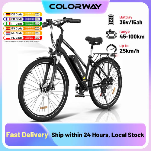 COLORWAY 28" Electric Bike, EBike with 36V 15Ah Removable Battery, 7-Speed, City Bike with 250W motor, range up to 45-100km