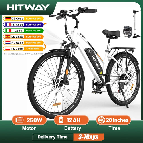 HITWAY Electric bike, 28 electric bikes, city e-bike with removable battery 36V 12Ah, motor 250W, 7 speeds