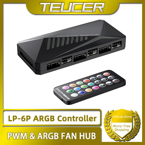 TEUCER LP-6P ARGB Controller 3Pin und 4Pin Multi-Way Splitter 1 zu 6 Gehäuselüfter-Verlängerungskabel Adapter PC Kühlung Lüfter HUB