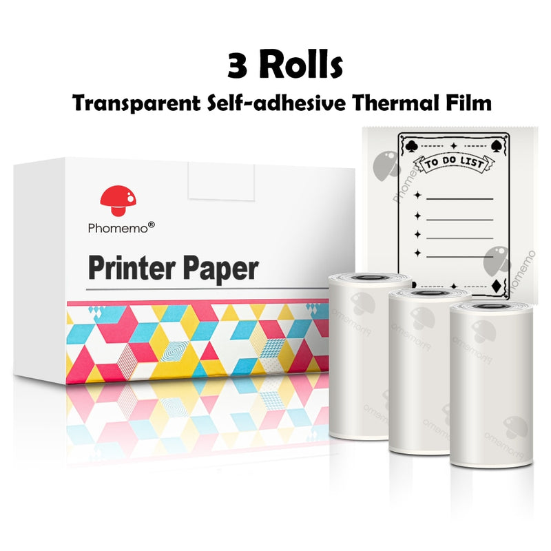 Phomemo 3 Rolls Self-adhesive Transparent Sticker Thermal Paper for T02 M02X Label Sticky DIY Photo Texts Study Notes Printing