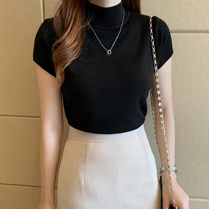 2023 New Casual Knitted Women Tops Women Clothing Blusas Summer Solid Slim Turtleneck Blouse Fashion Chic Korean Clothes 8622