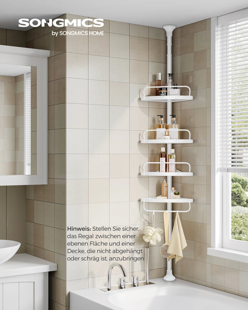 85-305 cm height adjustable shower rack with 4 trays bathroom shelf, shower corner no drilling necessary, white/black