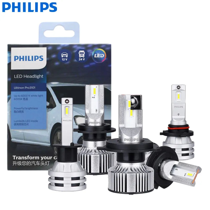 Philips LED H1 H3 H4 H7 H11 Ultinon Pro3101 12V/24V 6000K Bright White HB3 9005 HB4 9006 HIR2 9012 Auto Headlight LED Lamps, 2x