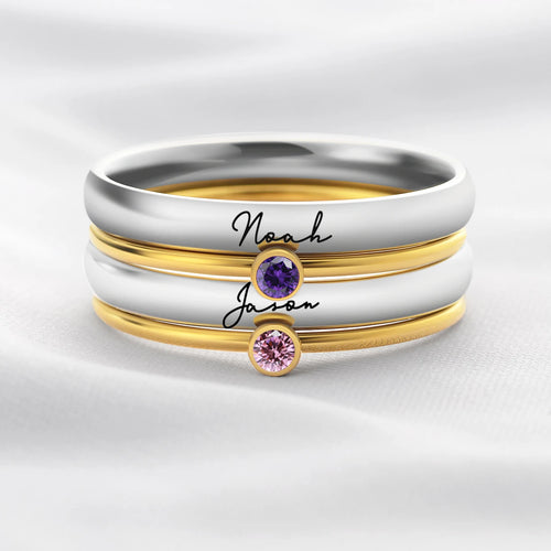 Personalisierter Geburtssteinring 3mm & 1mm Edelstahl mit AAA+ Zirkon Gravur für Muttertag Frau Schmuck Geschenk