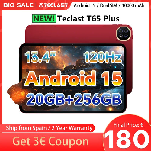 Teclast T65 Plus, 13.4" Tablet, 120Hz Maximum View, Android 15, Max. 20Gb Ram+256Gb Rom, Helio G99, 8 Cores, 1920X1200, 4g Networks and Calls, Dual Sim Card Slots, 5g Wifi, Gps, 13Mp+8Mp