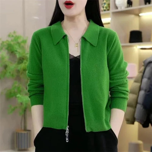 Frühling Herbst Damen Strickjacke Cardigan Jacke Weiblich Kurz Reißverschluss Pullover Oberbekleidung Damen Einfarbig Locker Sitzende Strickwaren Mantel