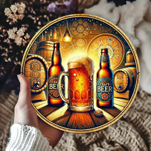 Frisches Bierfass & Holztisch Wanddekoration – 7,8 Zoll HD 2D Aluminium Metallschild für Zuhause, Garten, Veranda – Perfektes Geschenk