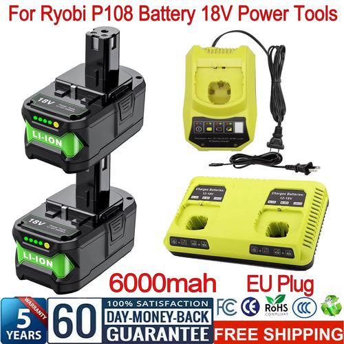 6000mAh For RYOBI 18V Li-Ion Replacement For Ryobi P108 P107 P108 RB18L50 RB18L20 Power Tool Rechargeable Battery And Charger