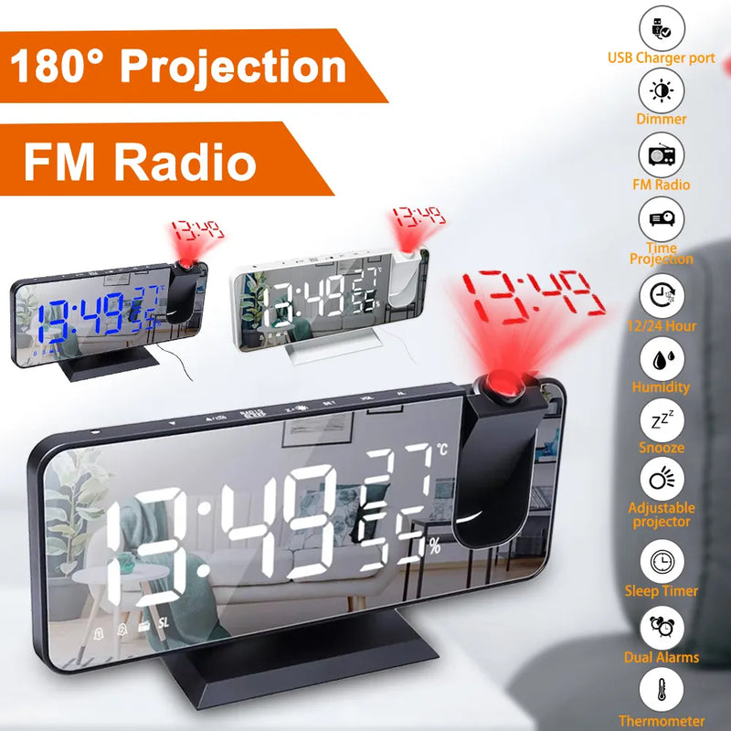 LED Digital Projection Alarm Clock Table Electronic Alarm Clock with Projection FM Radio Time Projector Bedroom Bedside Clock