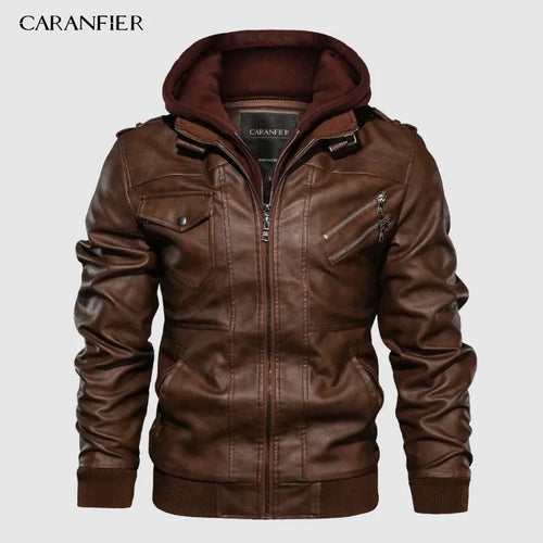 CARANFIER Mens PU Hooded Jackets Coats Motorcycle Biker Faux Leather Jacket Men Classic Winter Coat Clothes European Size