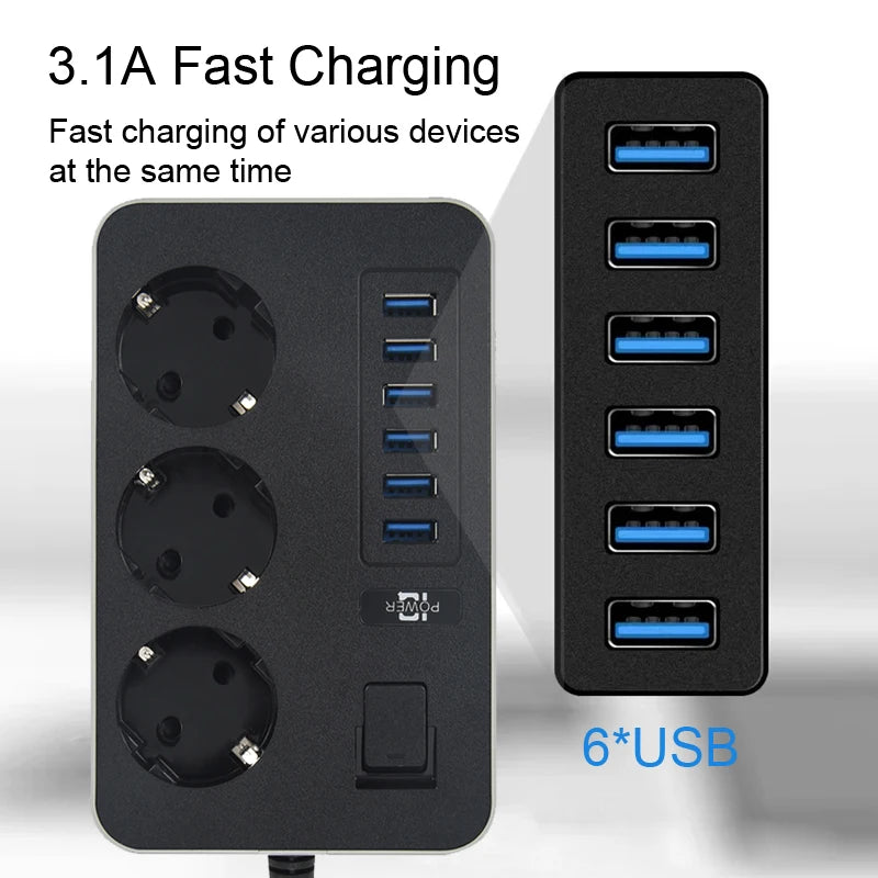 EU Plug AC Outlet Power Strip Multiprise Smart Home Extension Cord Electrical Socket 6 USB Port 3.1A Phone Charge Network Filter