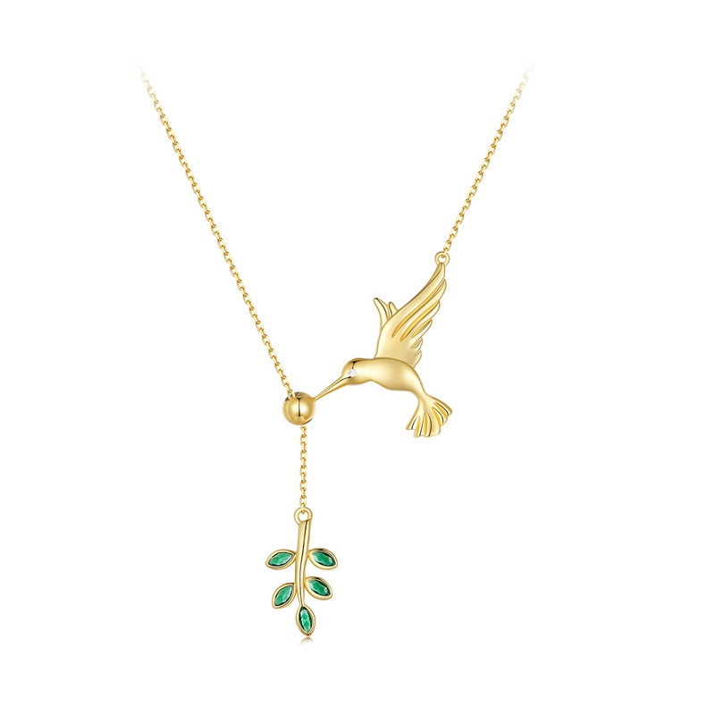 BISAER 925 Sterling Silver Hummingbird Pendant Necklace Green Leaf Adjustable Chain 14K Gold Plated For Women Fine Jewelry ECN21