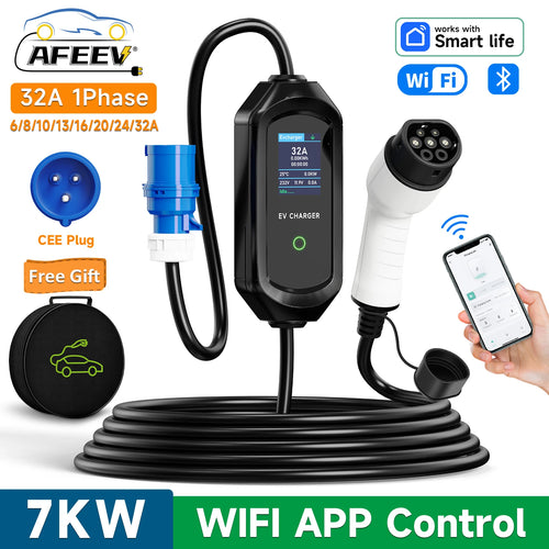 AFEEV Typ 2 Tragbares EV Ladegerät 7KW 32A 1Phase Wallbox Typ1/GBT EVSE Schnellladekabel CEE Stecker WIFI APP Bluetooth Steuerung