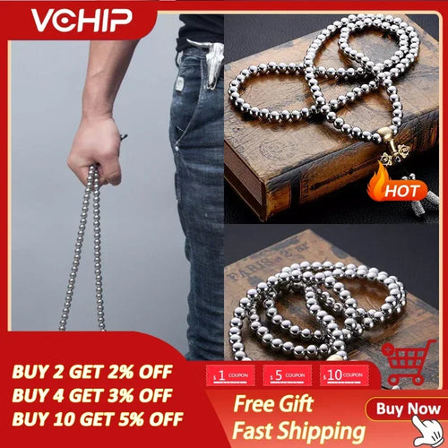 Taktische 10MM Stahlkette Buddha-Perlen Selbstverteidigungs-Handarmband Halskette EDC Outdoor Tools Selbstschutz Überleben