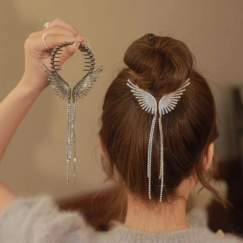 Haimeikang New Angel Wings Hair Bun Hair Clips Women Girls Rhinestone Tassel Ponytail Button Hairpin Golden Fashion Accessories