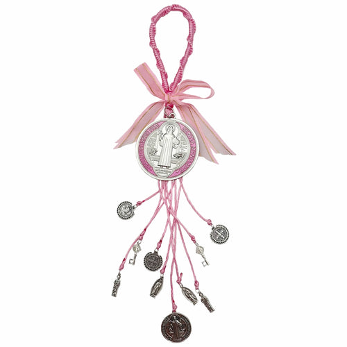 Schutzsegen-Anhänger der Heiligen Benedikt Medaille, pinkfarbene Emaille, doppelseitig, katholisch, San Benito Medalla Kreuz-Anhänger Ostergeschenk