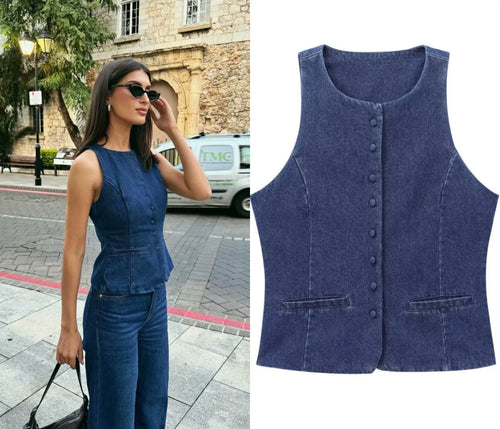 ETJ 2025 Fall/Winter New Arrivals Women's Z1975 Collar Button-Decorated Sleeveless Round-Neck Denim Jacket Top 6164197