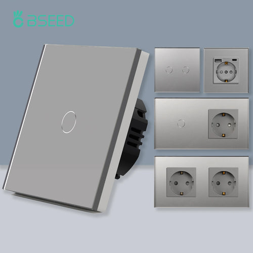 BSEED 1/2/3fach Touch-Schalter 1-Wege Wandschalter EU-Steckdose mit USB Type-C Schnittstellen Glasplatte Blaue Hintergrundbeleuchtung