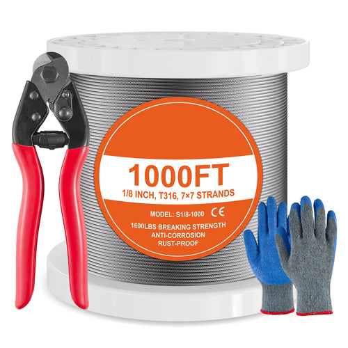 SucceBuy 600/1000ft 1/8" 7x7 Litzen Drahtseil-Kit mit Schneider und Handschuhen 316 Edelstahlseil für Geländer, Terrassen, Zäune