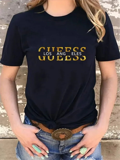 2025 Summer New Women's Cotton Casual Loose Fashion GUESS Los Angeles Letter Harajuku Printed Round Neck Short Sleeve T-shirt