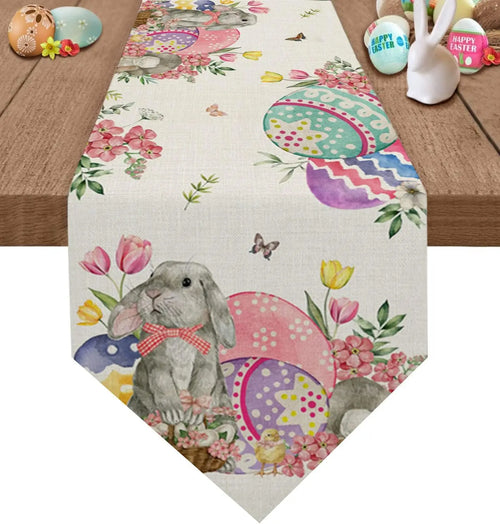 Osterhasen Eier Blumen Tulpen Leinen Tischläufer Kommode Schal Tischdekoration Waschbar Küche Esszimmer Couchtischläufer Dekoration