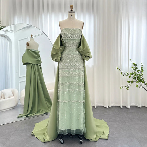 Sharon Said Luxuriöses Salbeigrünes Abendkleid Fliederblau Perlenbesetzt Fuchsia mit Cape für Damen Hochzeitsfeierkleid SS238 Maßgeschneidert