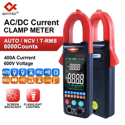 QHTITEC DC/AC-Strom-Digital-Zangenmessgerät, 6000 Counts, 400A, Amperemeter, Multimeter, großer Farbbildschirm, Spannungstester, Auto Hz NCV Ohmmeter
