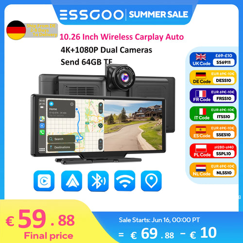 ESSGOO 10,26" Kabelloses CarPlay & Android Auto Dashcam ADAS 4K DVR Bluetooth Audio AUX GPS Navigation Armaturenbrett-Videorecorder